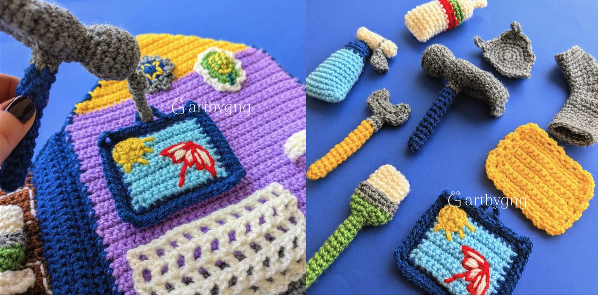 A crocheted hammer hanging on a toolboard page, with a hand tool set including a wrench, screwdriver, spray bottle, and paintbrush