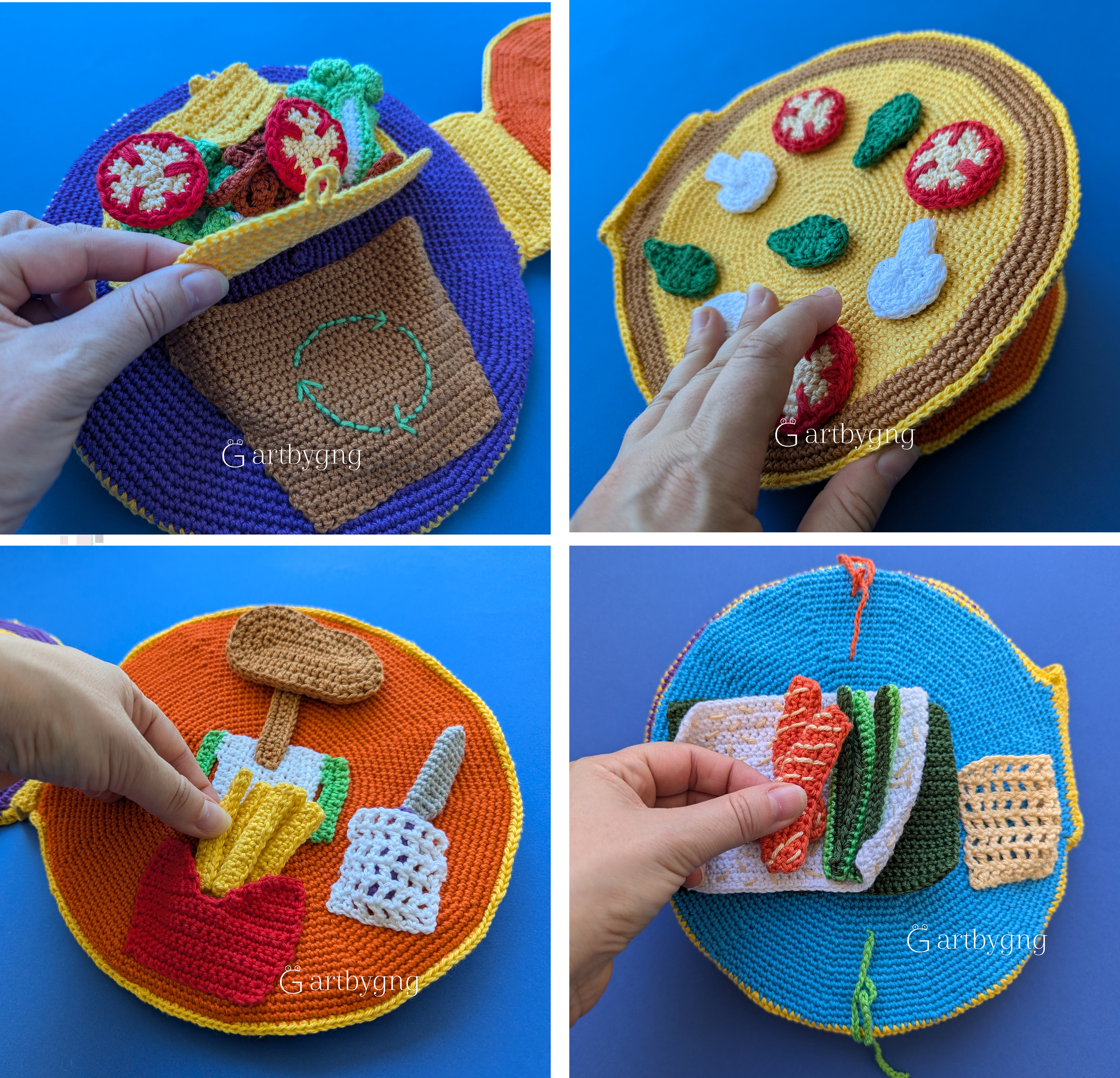 Fun Foods crochet play food pattern — taco, pizza, fries, and sandwich pages