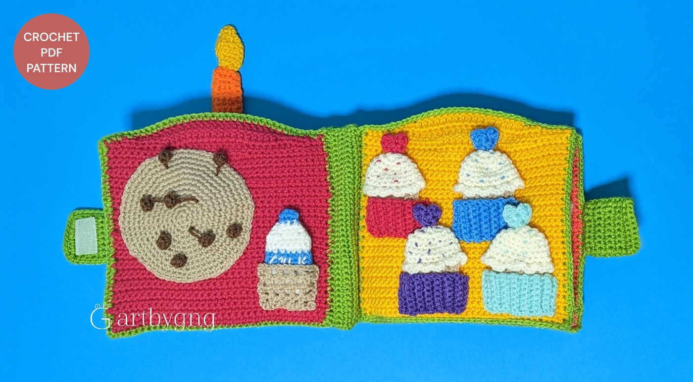Bake Time crochet quiet book pattern, open to show the cookie and cupcake pages