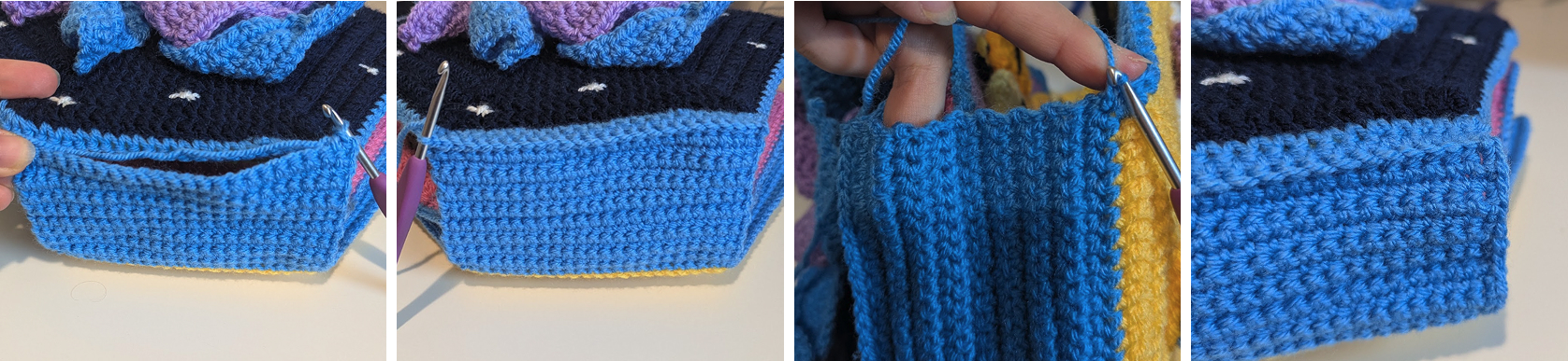 Joining crochet quiet book pages at the spine with a whip stitch, tapestry needle visible