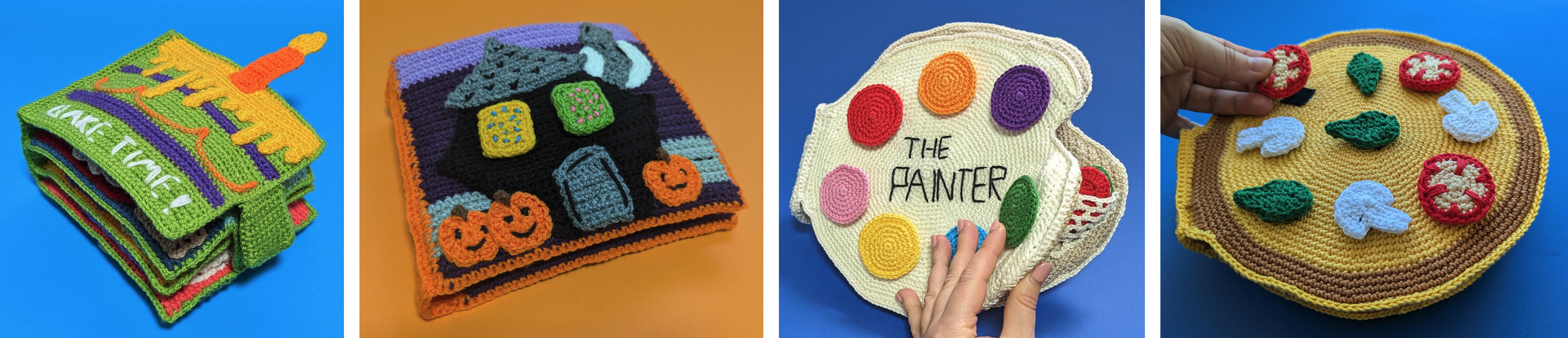 Four themed crochet quiet book pages side by side: a Bake Time book, a Halloween haunted house, a Painter palette page, and a pizza-topping page