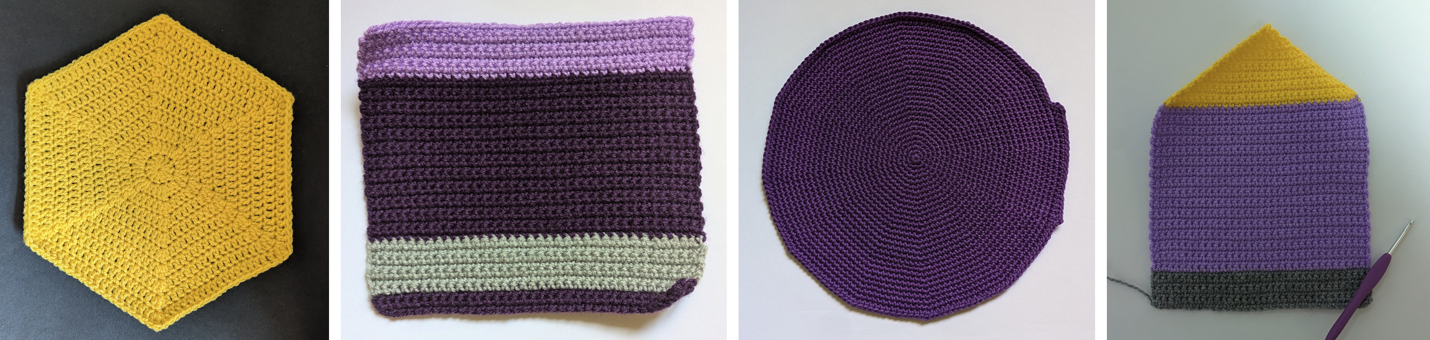 Four crocheted base page shapes in different colors: a hexagon, a rectangle, a circle, and a house shape