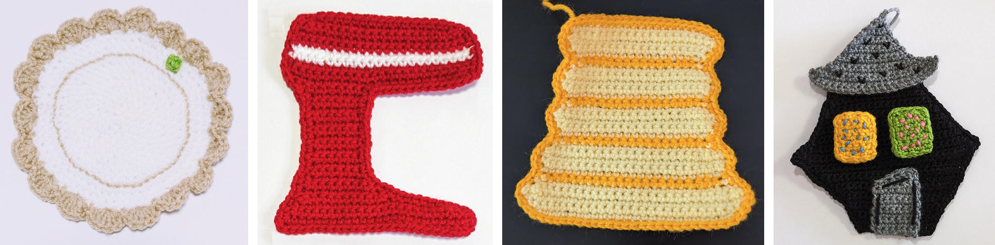 Four crocheted background appliqué shapes: a plate, a stand mixer, a stack of pancakes, and a house scene with food pieces