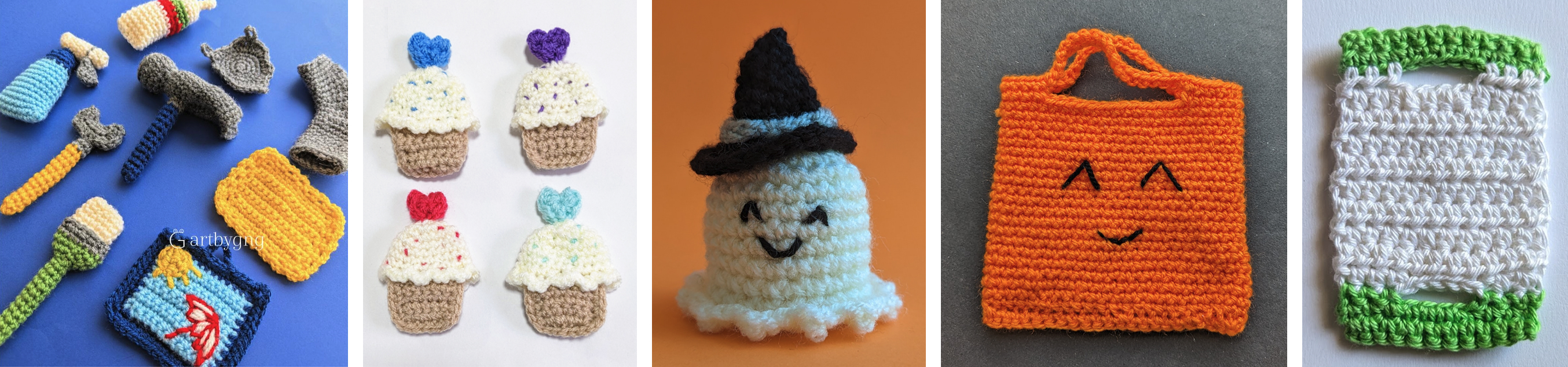 Crocheted interactive play pieces: doctor kit tools, cupcakes, a friendly ghost, a trick-or-treat bag, and a diaper-changing pad