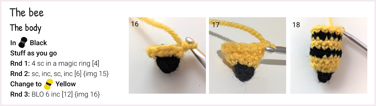 A page from the Busy Beehive pattern showing "The Bee" instructions alongside numbered progress photos