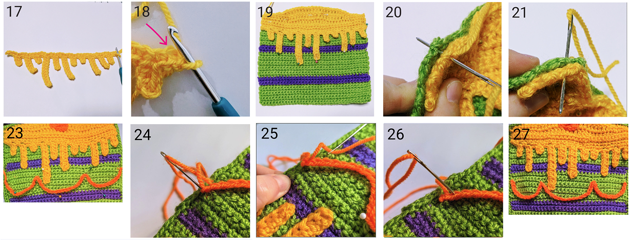 Numbered step-by-step photos from the Bake Time pattern instructions