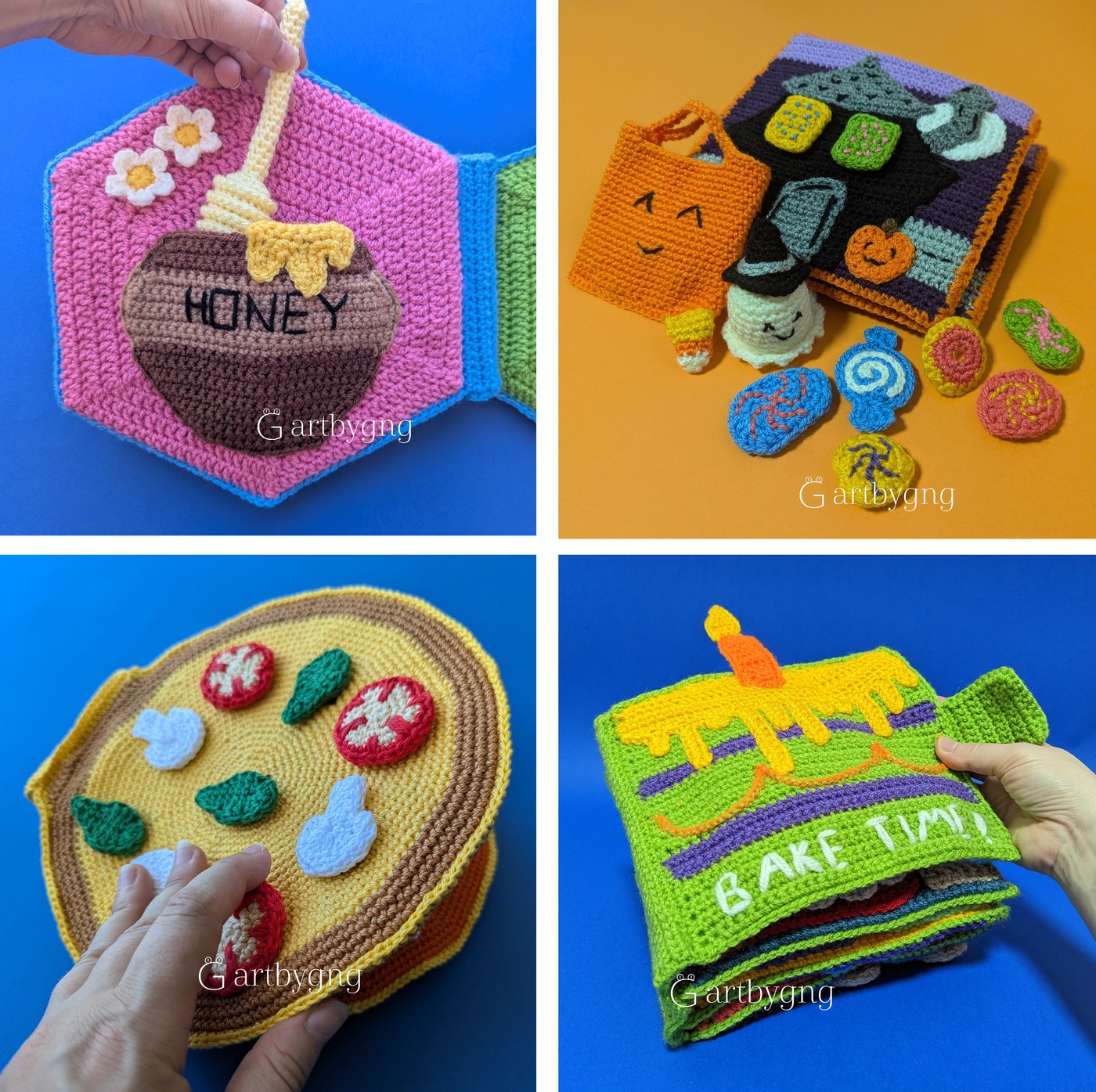 Crochet quiet book pages from the collection — honey pot, Halloween treats, pizza, and the Bake Time cover