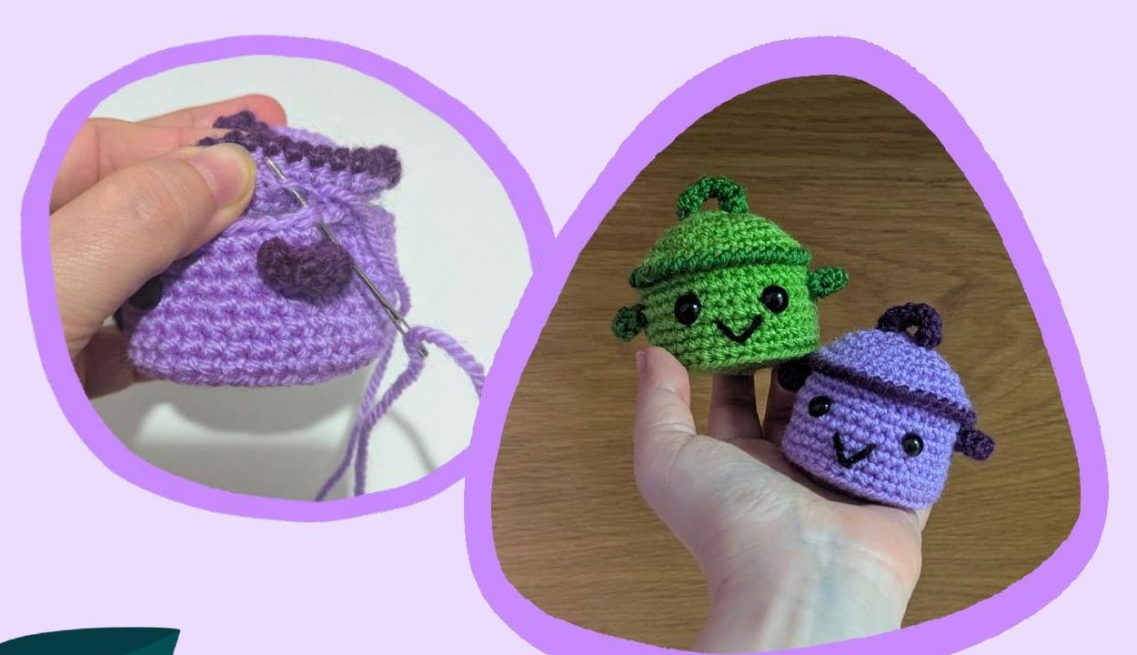 Sewing the lid onto the stuffed pot body, and the finished purple and green Little Happy Pot amigurumi side by side